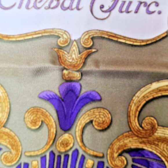 Hermès Cheval Turc Silk Scarf 90cm Olive Green Purple Horse Design by Vauzelles - Picture 5 of 10